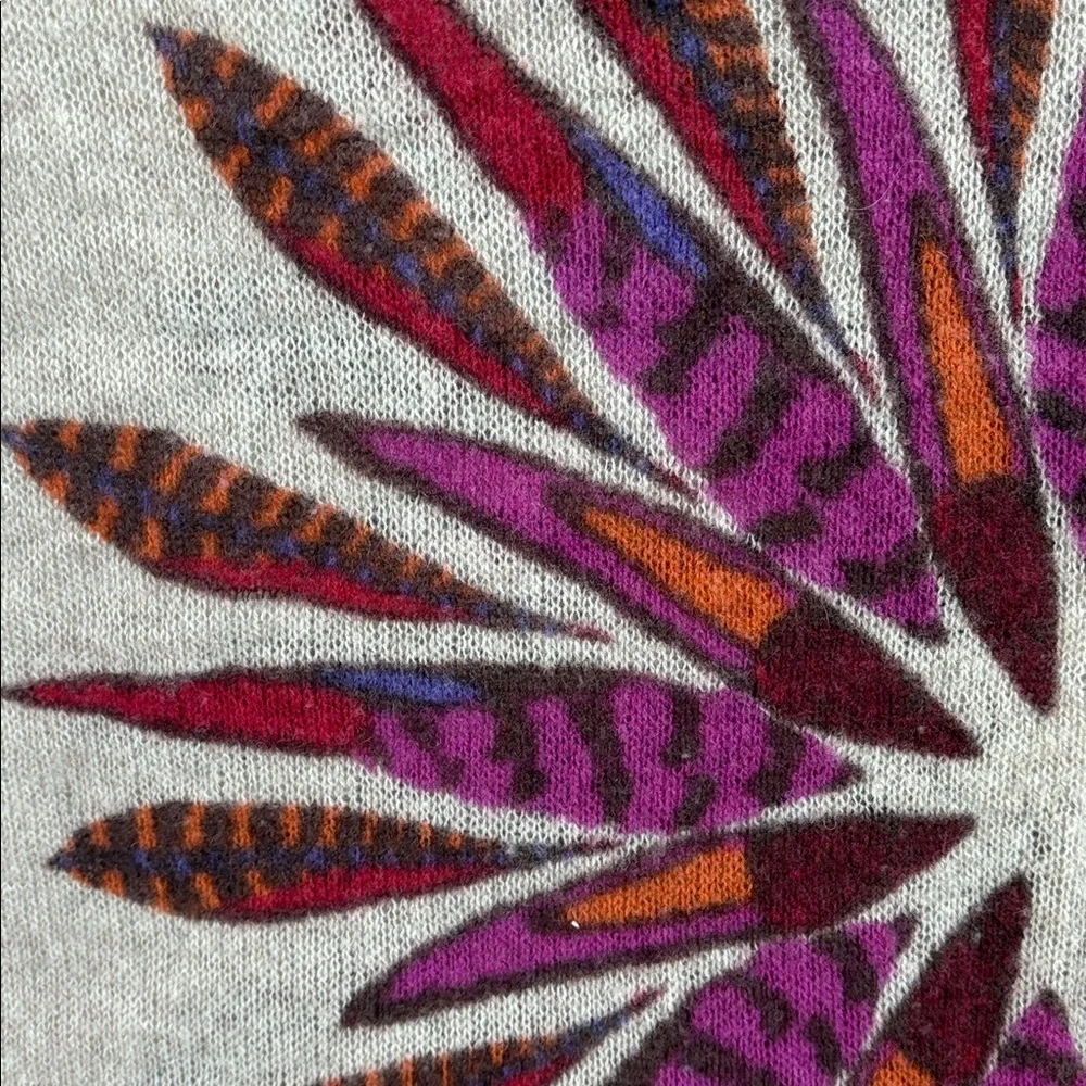 Pistil tan scarf wrap with colorful purple orange brown floral sunburst design